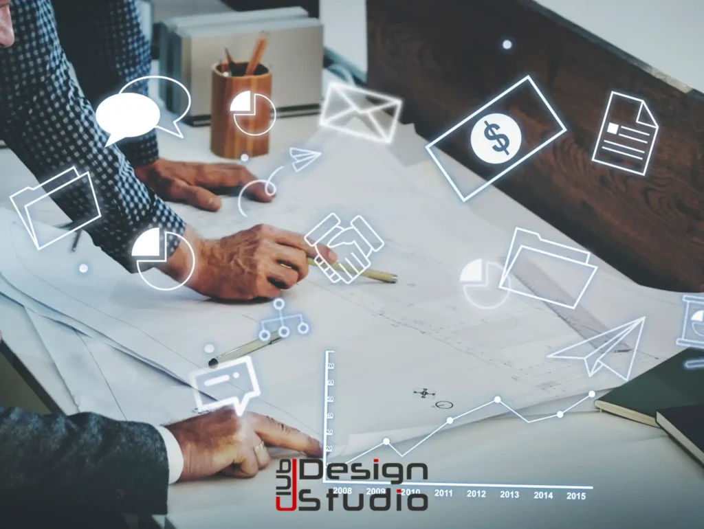Digital marketing trends illustration with charts and icons